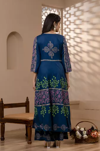 Rayon floral print flared kurta,blue,(s,m,l,xl,2xl,3xl)