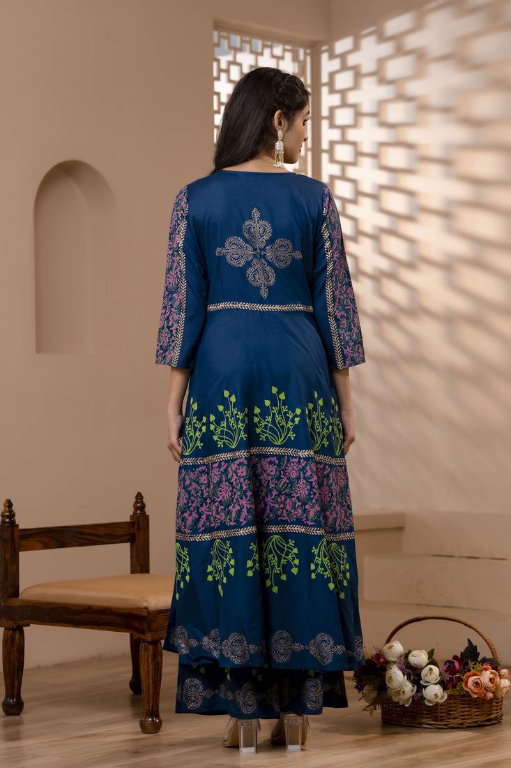 Rayon floral print flared kurta,blue,(s,m,l,xl,2xl,3xl)