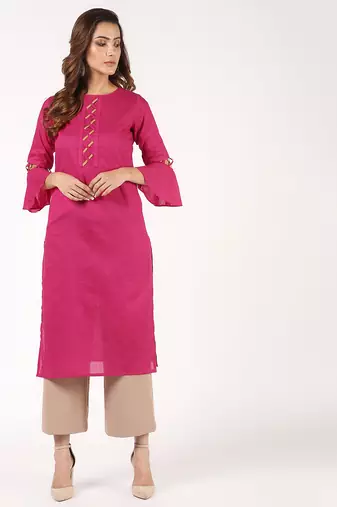 cotton criss-cross bell sleeves straight kurta,magenta,(s,m,l,xl,2xl,3xl)