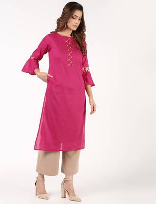 cotton criss-cross bell sleeves straight kurta,magenta,(s,m,l,xl,2xl,3xl) 2