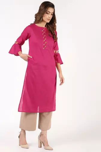 cotton criss-cross bell sleeves straight kurta,magenta,(s,m,l,xl,2xl,3xl)