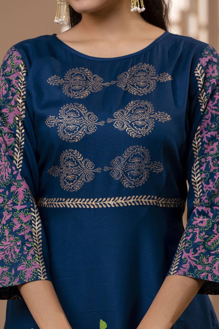 Rayon floral print flared kurta,blue,(s,m,l,xl,2xl,3xl)
