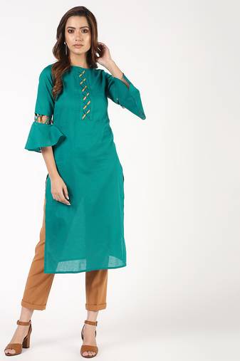 cotton criss-cross bell sleeves straight kurta blue