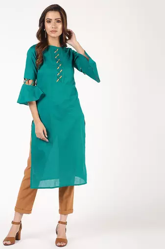 cotton criss-cross bell sleeves straight kurta,blue,(s,m,l,xl,2xl,3xl)