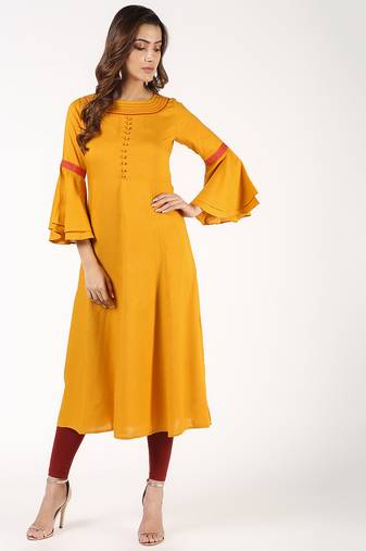 Rayon bell sleeves solid anarkali kurta mustard