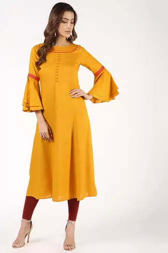 Rayon bell sleeves solid anarkali kurta,mustard,(s,m,l,xl,2xl,3xl)