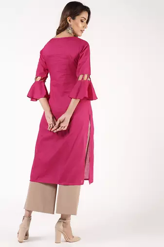 cotton criss-cross bell sleeves straight kurta,magenta,(s,m,l,xl,2xl,3xl)