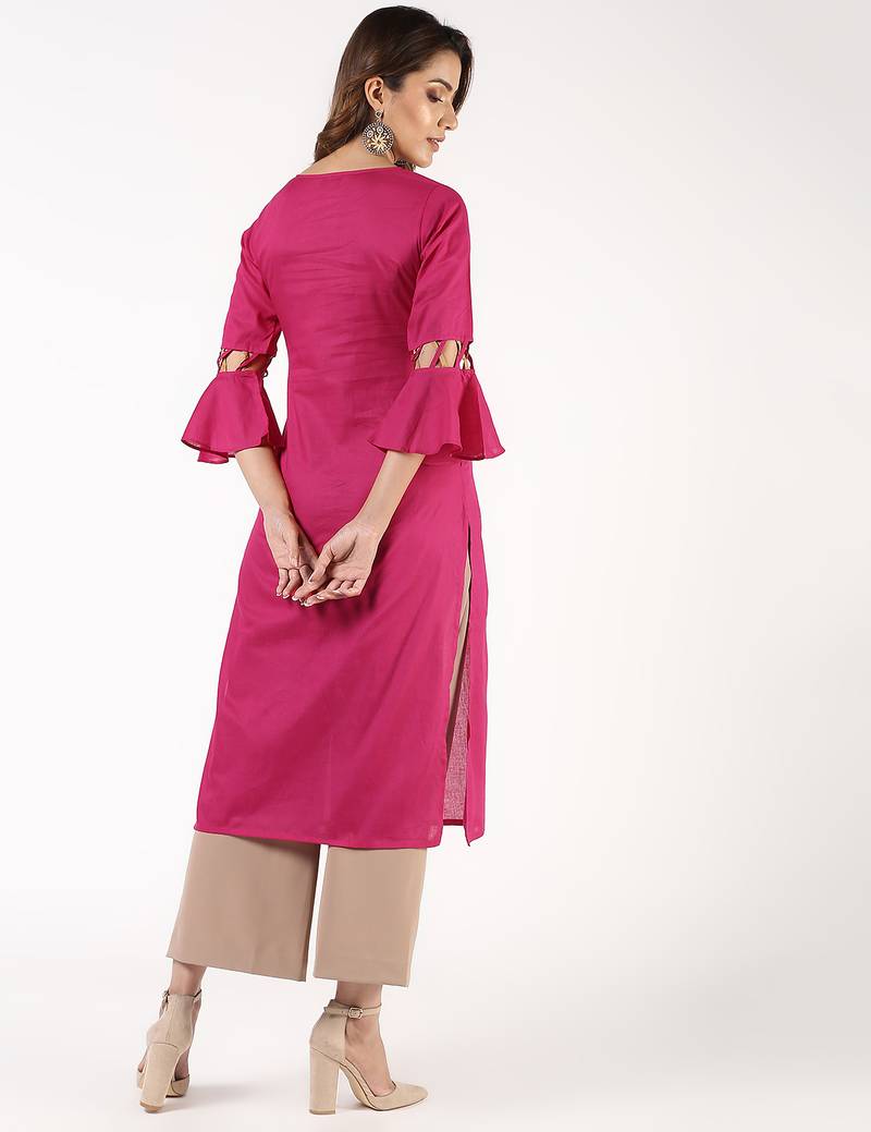 cotton criss-cross bell sleeves straight kurta,magenta,(s,m,l,xl,2xl,3xl)