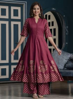 Rayon block print anarkali flared kurta with palazzo set,dusty pink,(s,m,l,xl,2xl,3xl) 1
