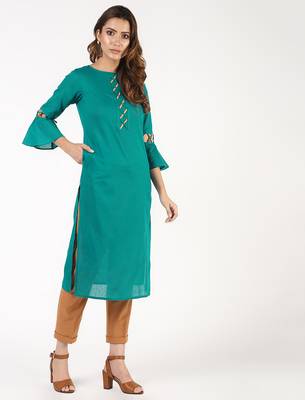 cotton criss-cross bell sleeves straight kurta,blue,(s,m,l,xl,2xl,3xl) 2