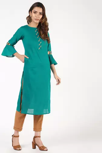 cotton criss-cross bell sleeves straight kurta,blue,(s,m,l,xl,2xl,3xl)