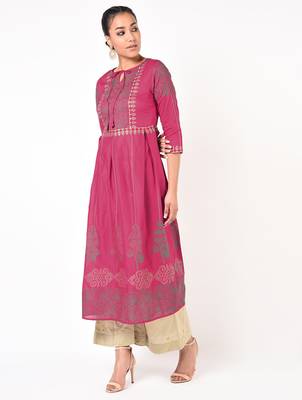 Cotton gold print flared kurta,fuchsia,(s,m,l,xl,2xl,3xl) 1