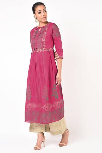 Cotton gold print flared kurta fuchsia