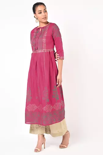 Cotton gold print flared kurta,fuchsia,(s,m,l,xl,2xl,3xl)