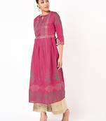 Cotton gold print flared kurta,fuchsia,(s,m,l,xl,2xl,3xl)