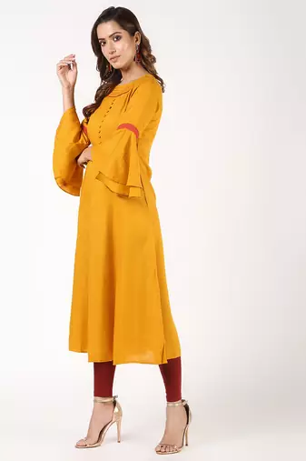 Rayon bell sleeves solid anarkali kurta,mustard,(s,m,l,xl,2xl,3xl)
