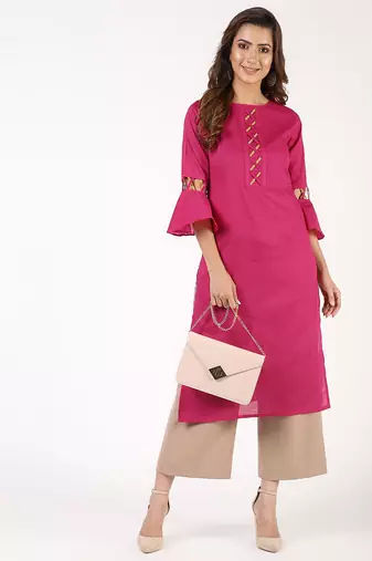 cotton criss-cross bell sleeves straight kurta,magenta,(s,m,l,xl,2xl,3xl)