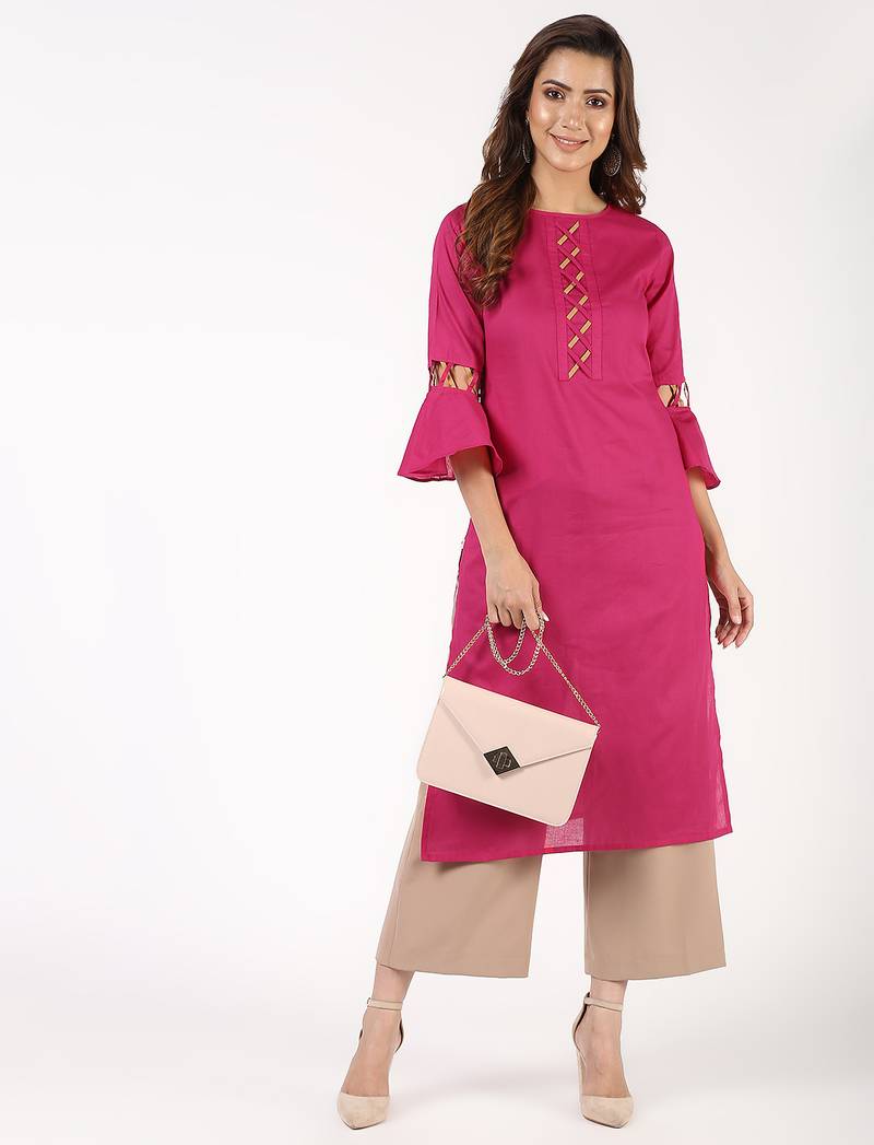cotton criss-cross bell sleeves straight kurta,magenta,(s,m,l,xl,2xl,3xl)