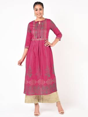 Cotton gold print flared kurta,fuchsia,(s,m,l,xl,2xl,3xl) 2