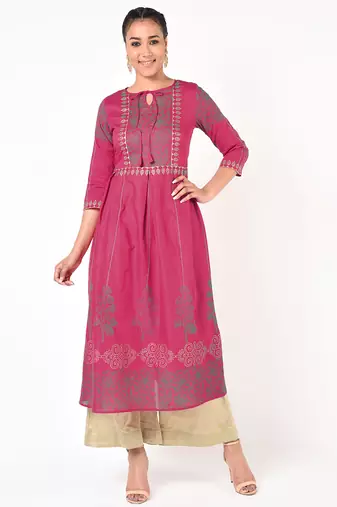 Cotton gold print flared kurta,fuchsia,(s,m,l,xl,2xl,3xl)