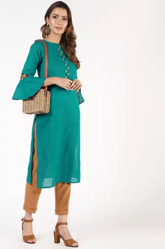 cotton criss-cross bell sleeves straight kurta,blue,(s,m,l,xl,2xl,3xl)
