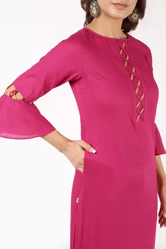 cotton criss-cross bell sleeves straight kurta,magenta,(s,m,l,xl,2xl,3xl)
