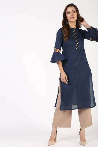 cotton criss-cross bell sleeves straight kurta navy blue