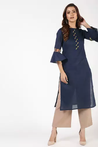 cotton criss-cross bell sleeves straight kurta,navy blue,(s,m,l,xl,2xl,3xl)