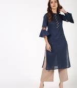 cotton criss-cross bell sleeves straight kurta,navy blue,(s,m,l,xl,2xl,3xl)