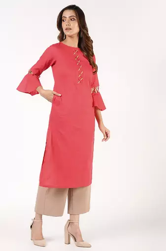 cotton criss-cross bell sleeves straight kurta,peach,(s,m,l,xl,2xl,3xl)