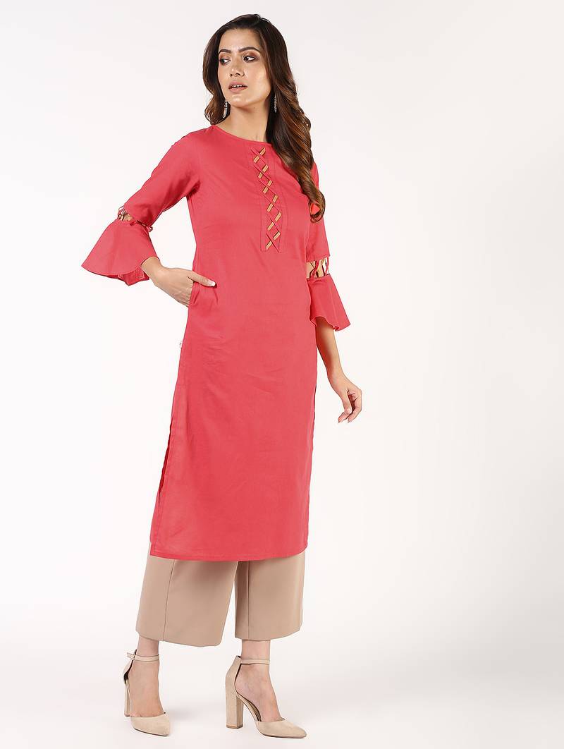 cotton criss-cross bell sleeves straight kurta,peach,(s,m,l,xl,2xl,3xl)