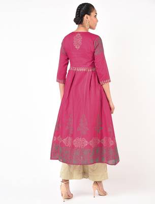 Cotton gold print flared kurta,fuchsia,(s,m,l,xl,2xl,3xl) 3