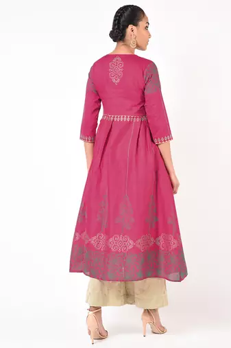 Cotton gold print flared kurta,fuchsia,(s,m,l,xl,2xl,3xl)