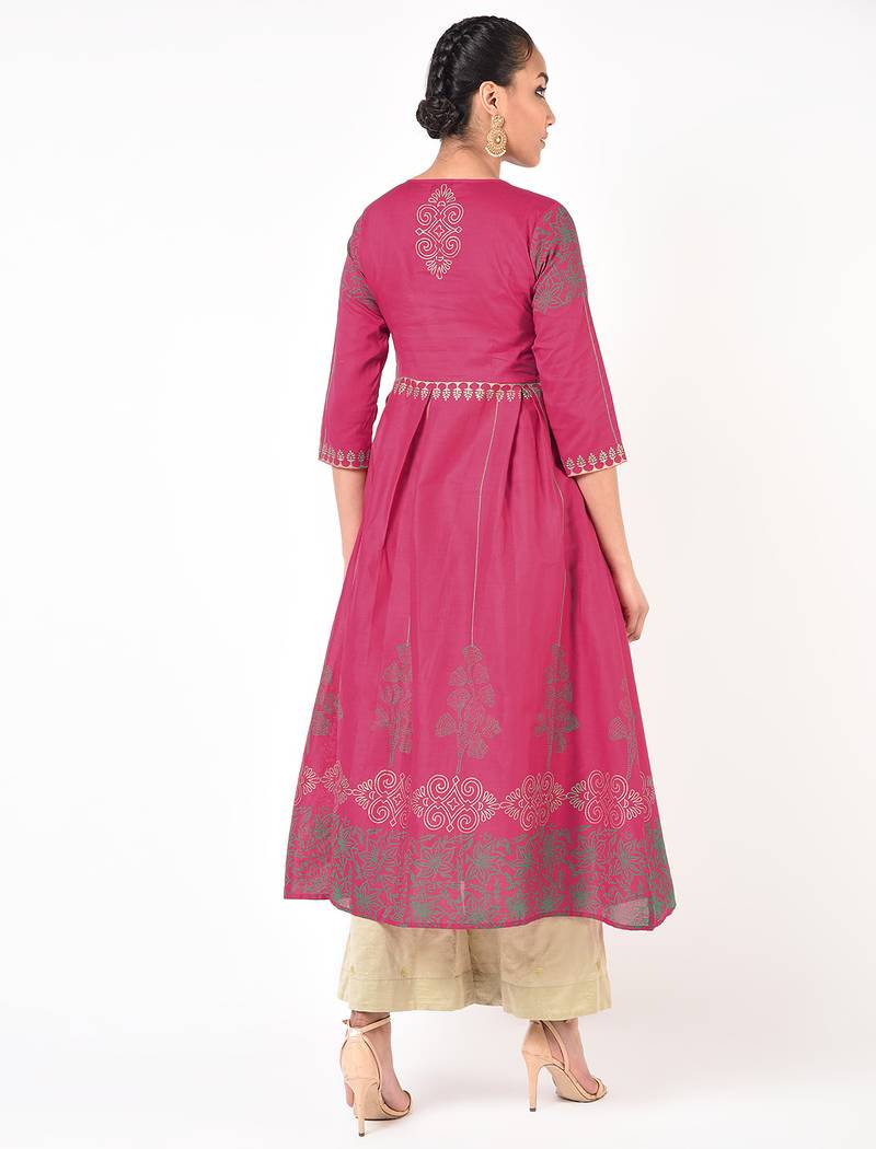 Cotton gold print flared kurta,fuchsia,(s,m,l,xl,2xl,3xl)