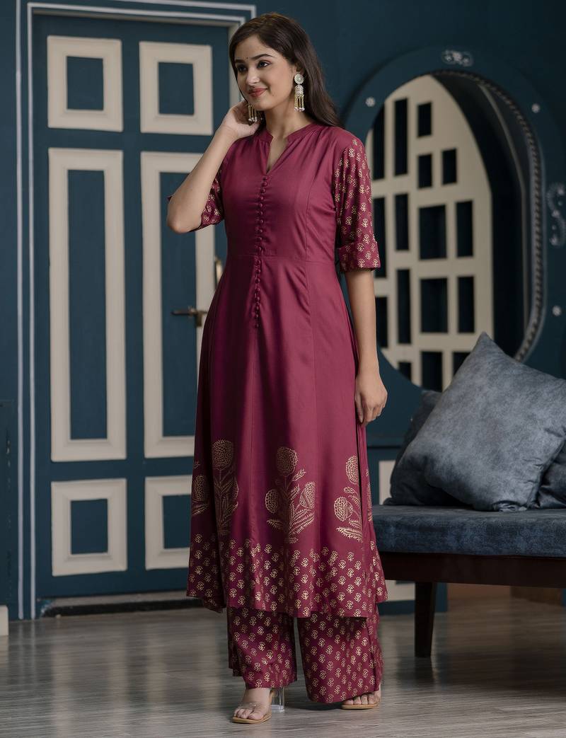 Rayon block print anarkali flared kurta with palazzo set,dusty pink,(s,m,l,xl,2xl,3xl)