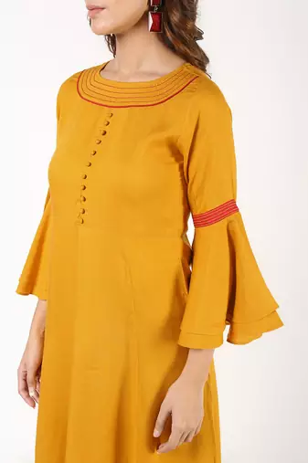 Rayon bell sleeves solid anarkali kurta,mustard,(s,m,l,xl,2xl,3xl)
