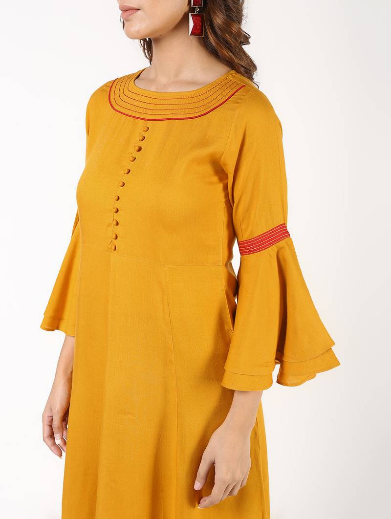 Rayon bell sleeves solid anarkali kurta,mustard,(s,m,l,xl,2xl,3xl)