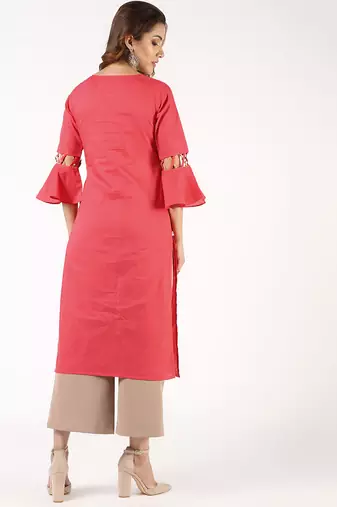 cotton criss-cross bell sleeves straight kurta,peach,(s,m,l,xl,2xl,3xl)