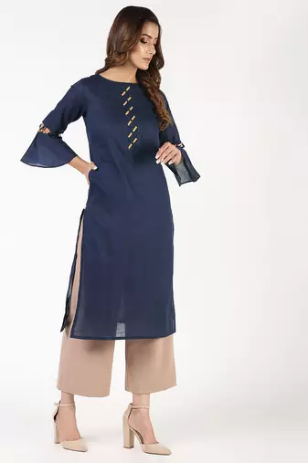cotton criss-cross bell sleeves straight kurta,navy blue,(s,m,l,xl,2xl,3xl)