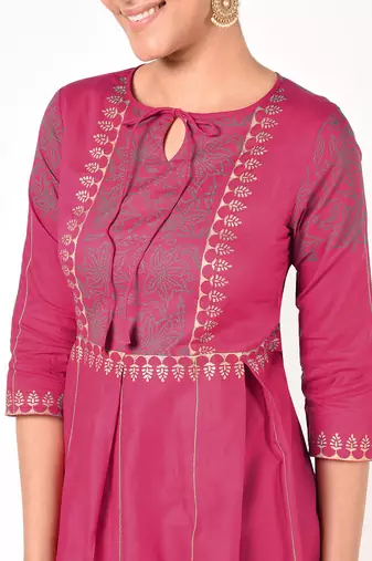 Cotton gold print flared kurta,fuchsia,(s,m,l,xl,2xl,3xl)