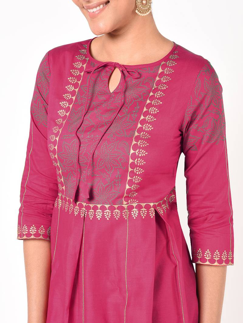 Cotton gold print flared kurta,fuchsia,(s,m,l,xl,2xl,3xl)