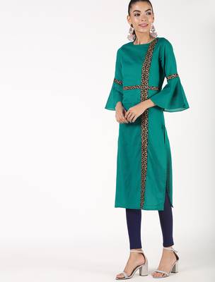 cotton bell sleeve solid straight kurta,turquoise,(s,m,l,xl,2xl,3xl) 1