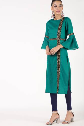 cotton bell sleeve solid straight kurta turquoise