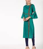 cotton bell sleeve solid straight kurta,turquoise,(s,m,l,xl,2xl,3xl)