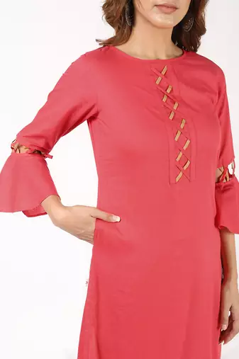 cotton criss-cross bell sleeves straight kurta,peach,(s,m,l,xl,2xl,3xl)