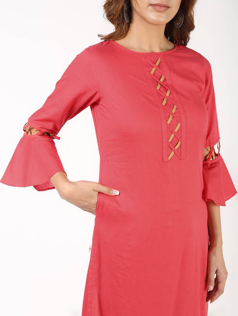 cotton criss-cross bell sleeves straight kurta,peach,(s,m,l,xl,2xl,3xl)