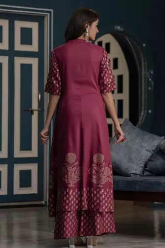Rayon block print anarkali flared kurta with palazzo set,dusty pink,(s,m,l,xl,2xl,3xl)