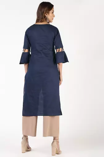 cotton criss-cross bell sleeves straight kurta,navy blue,(s,m,l,xl,2xl,3xl)
