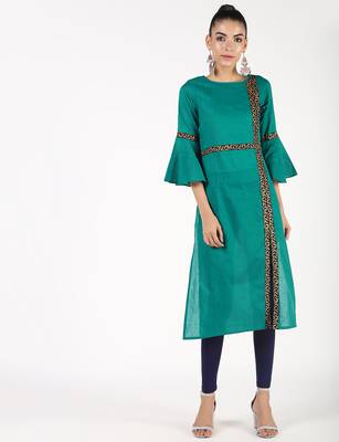 cotton bell sleeve solid straight kurta,turquoise,(s,m,l,xl,2xl,3xl) 2