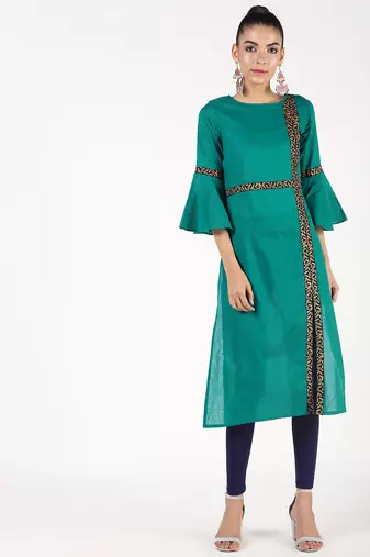 cotton bell sleeve solid straight kurta,turquoise,(s,m,l,xl,2xl,3xl)